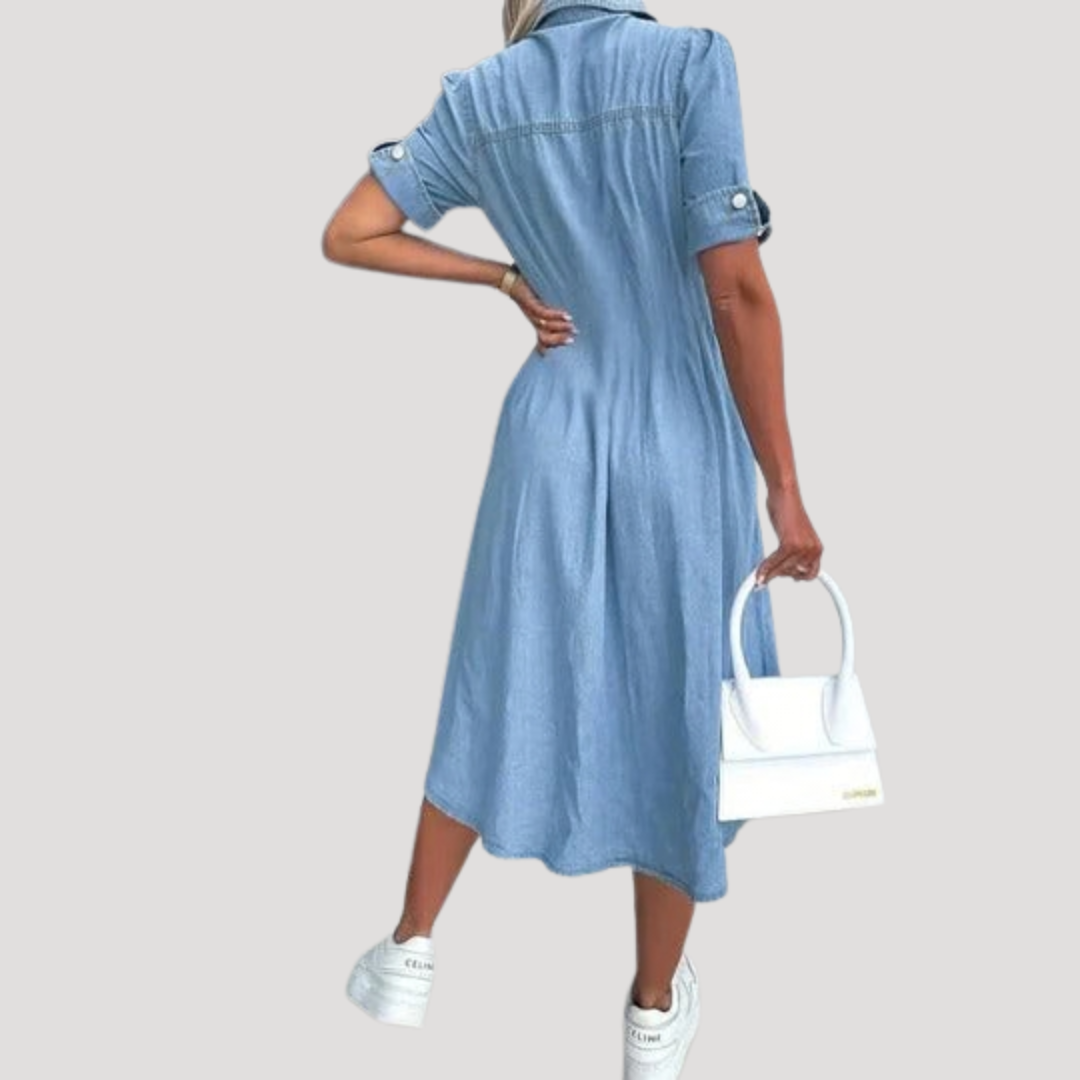 Renata | Women's Button Front Short Sleeve Midi Dress - Light Blue - Image 3