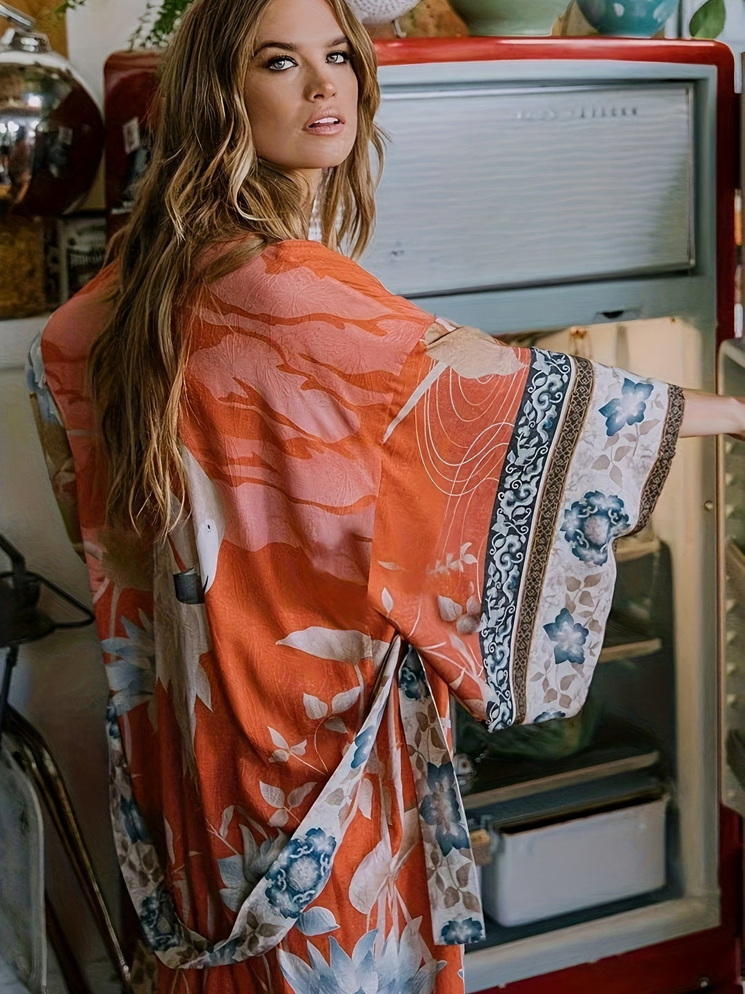 Romaine | Women's Floral Print Open Front Maxi Kimono - Floral - Image 1