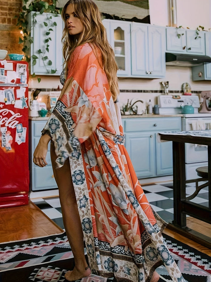 Romaine | Women's Floral Print Open Front Maxi Kimono - Floral - Image 10