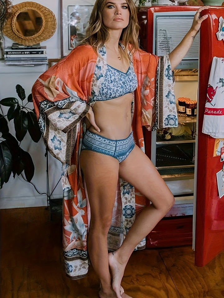 Romaine | Women's Floral Print Open Front Maxi Kimono - Floral - Image 3