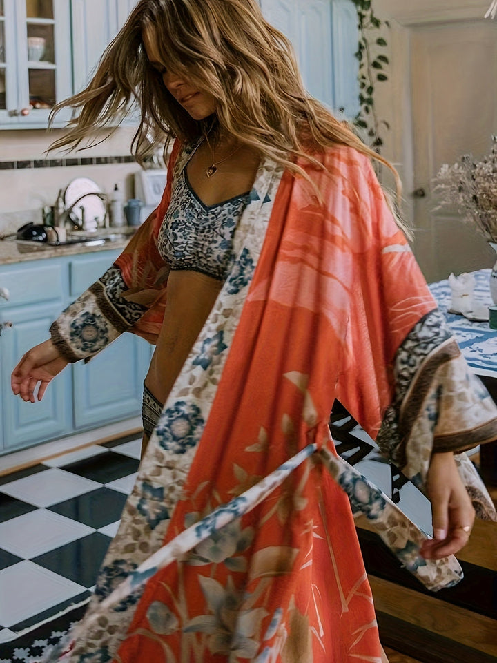Romaine | Women's Floral Print Open Front Maxi Kimono - Floral - Image 4