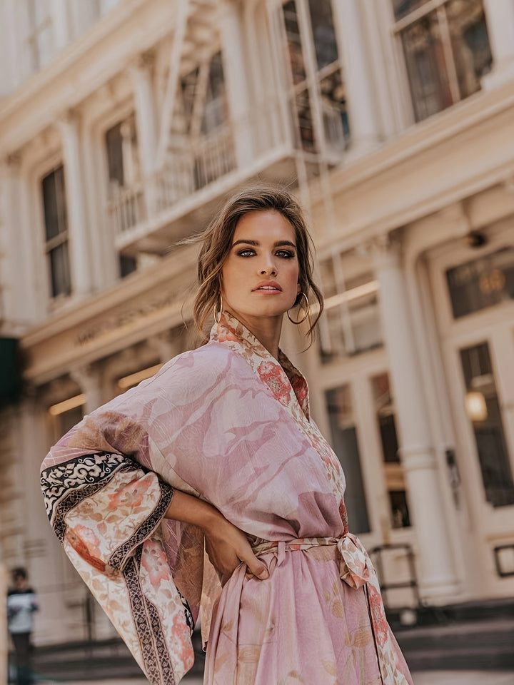 Romaine | Women's Floral Print Open Front Maxi Kimono - Floral - Image 8