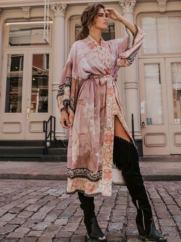 Romaine | Women's Floral Print Open Front Maxi Kimono - Floral - Image 9