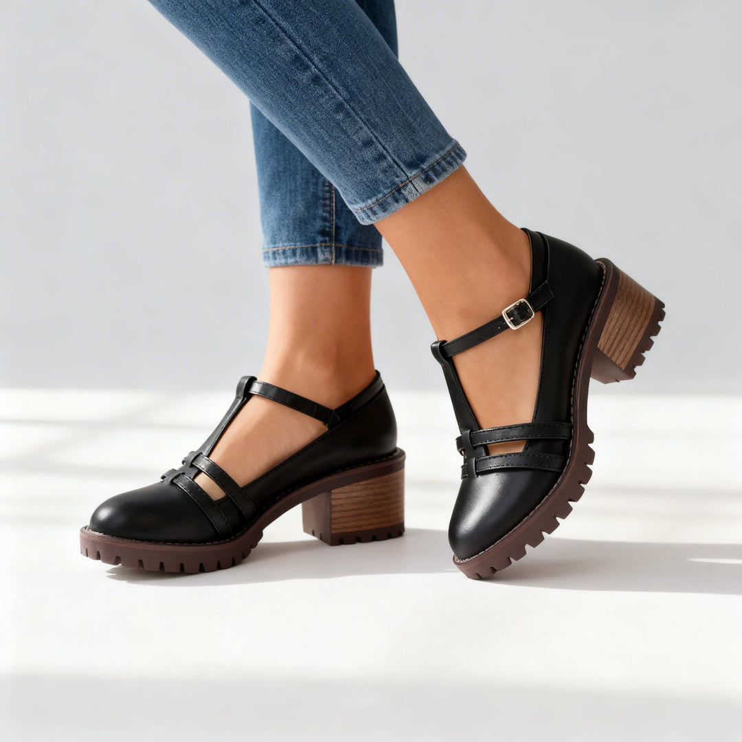 Romilly | Women's T-Strap Block Heel Loafer - Black - Image 4