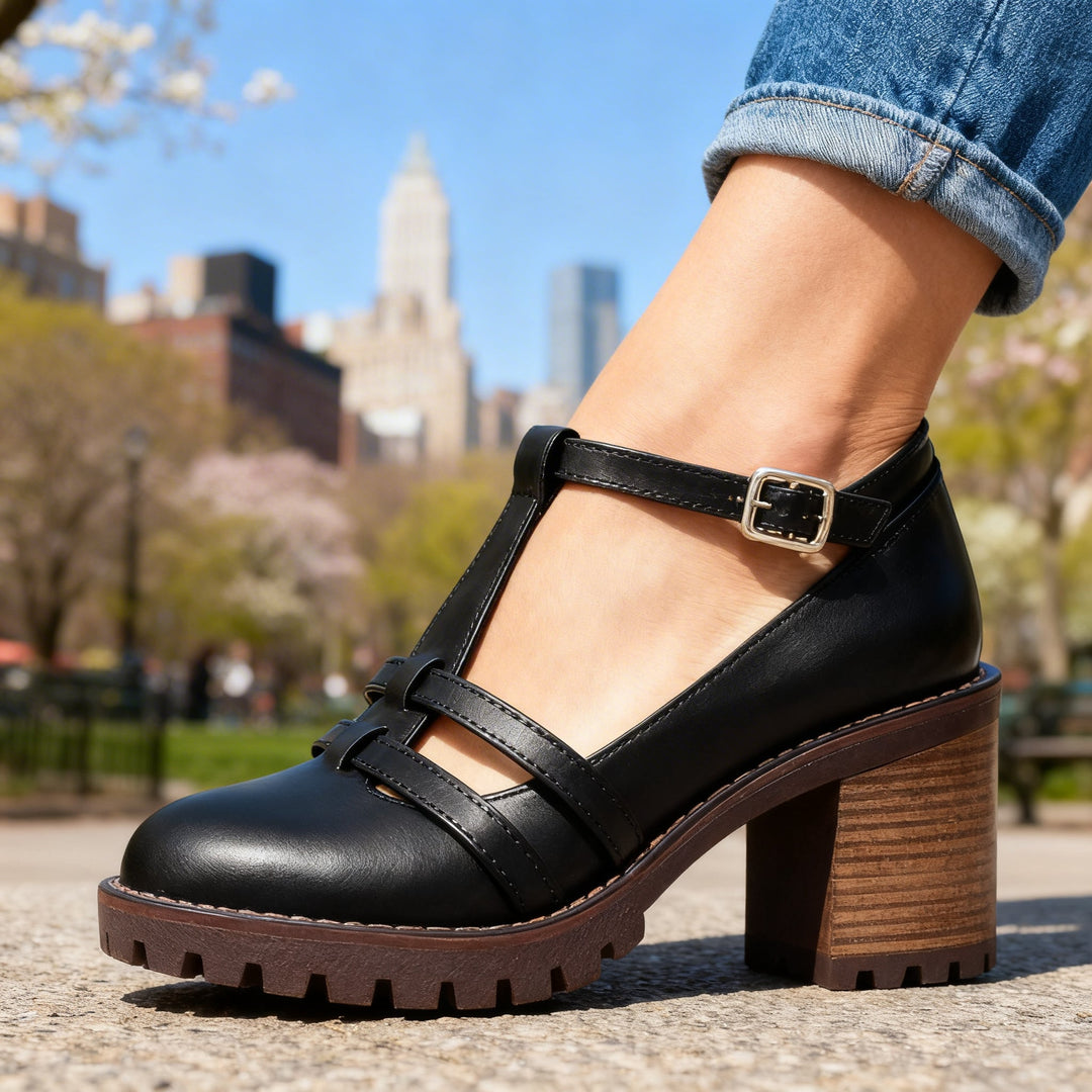 Romilly | Women's T-Strap Block Heel Loafer - Black - Image 7