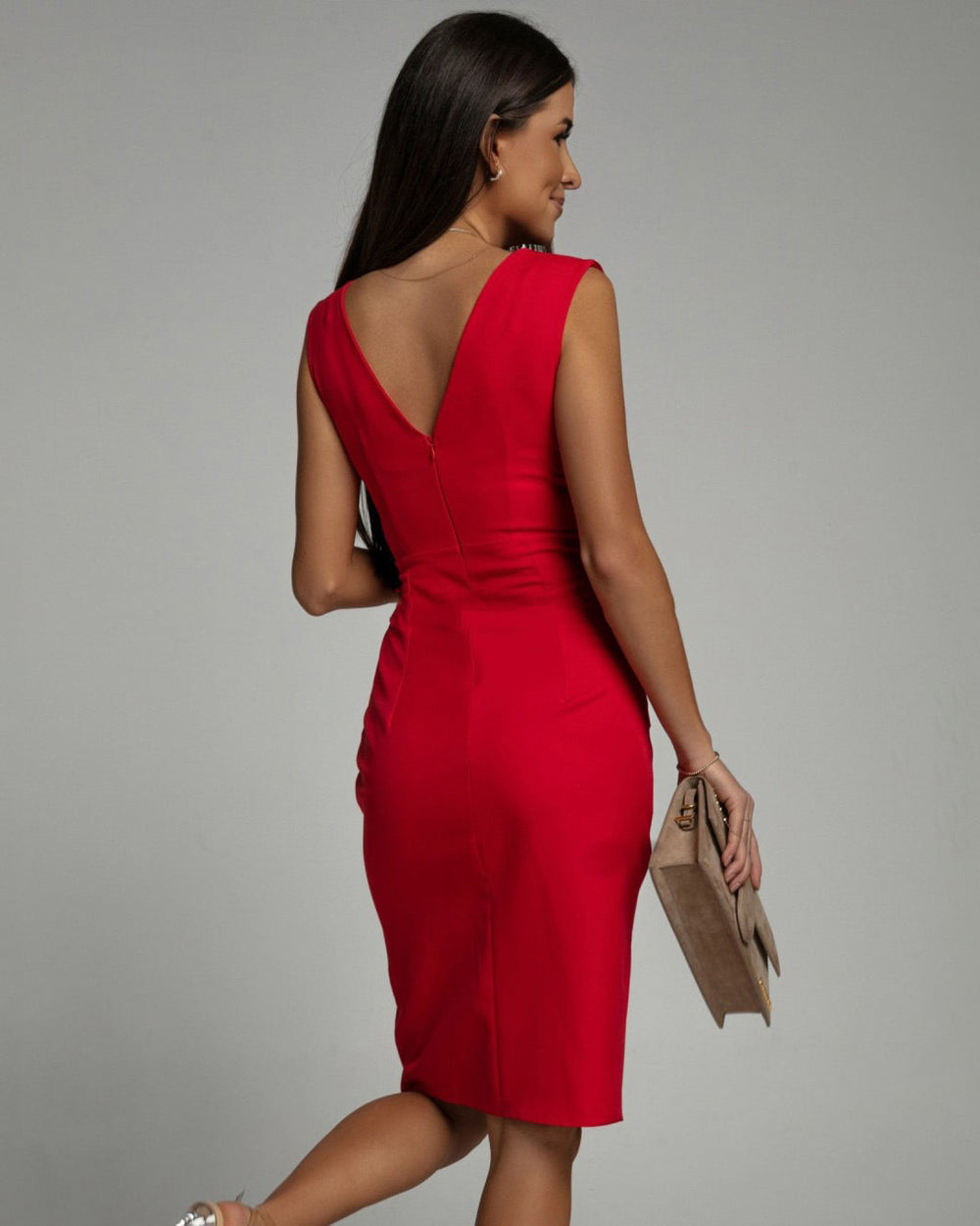 Rosalina | Women's Sleeveless V-Neck Bodycon Dress - Red - Image 2