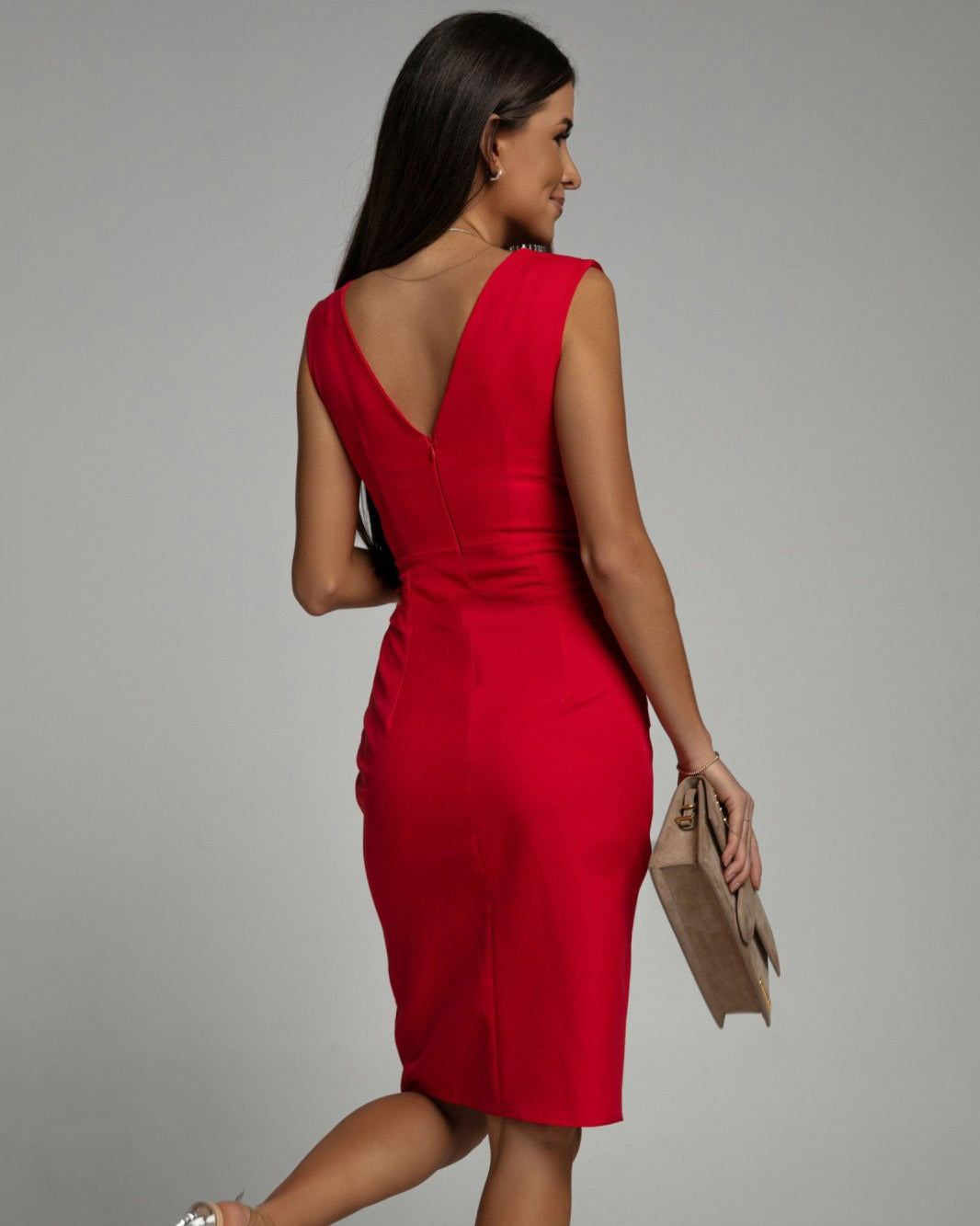 Rosalina | Women's Sleeveless V-Neck Bodycon Dress - Red - Image 2