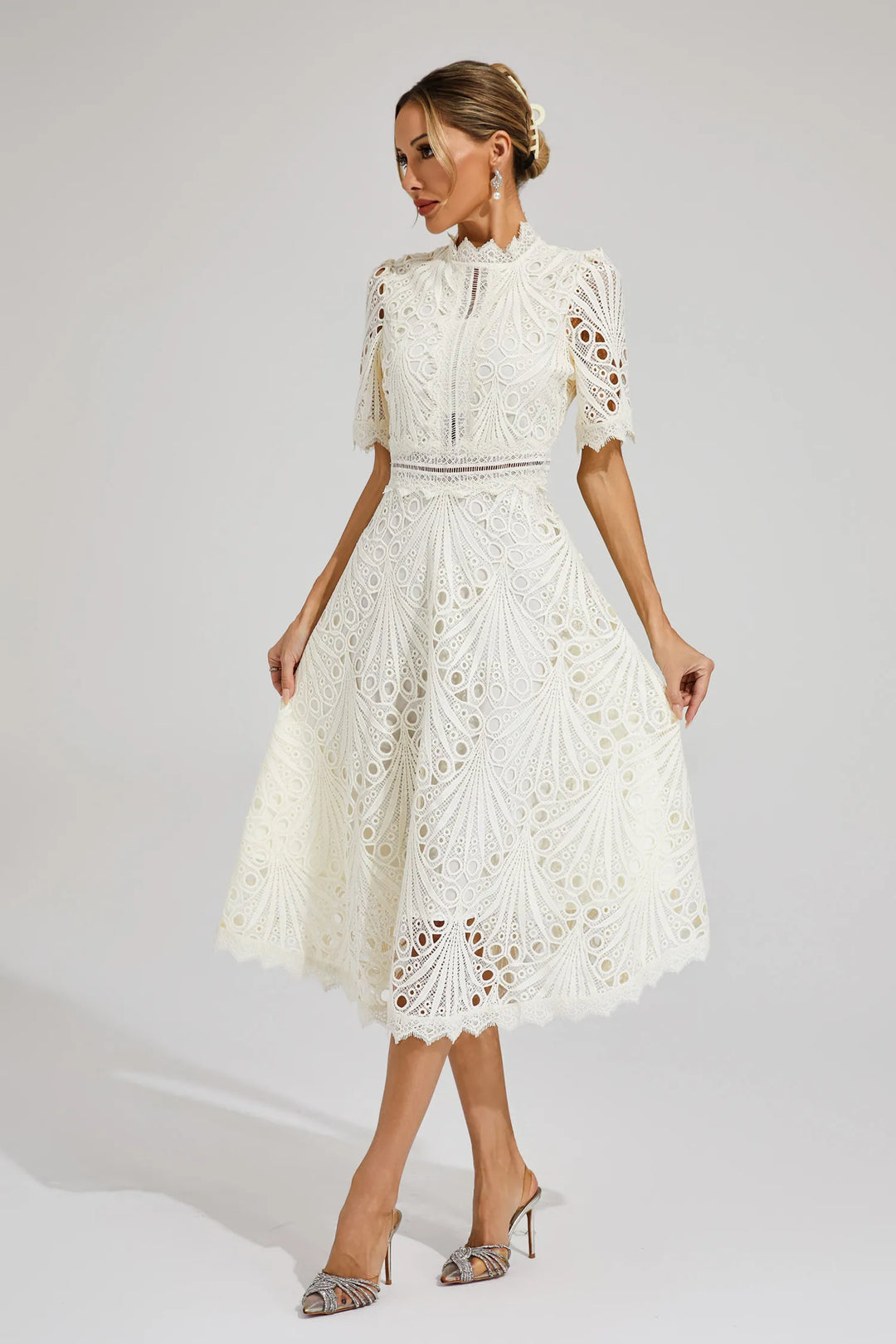 Rosalinda | Women's Mock Neck Short Sleeve Midi Dress - White - Image 1