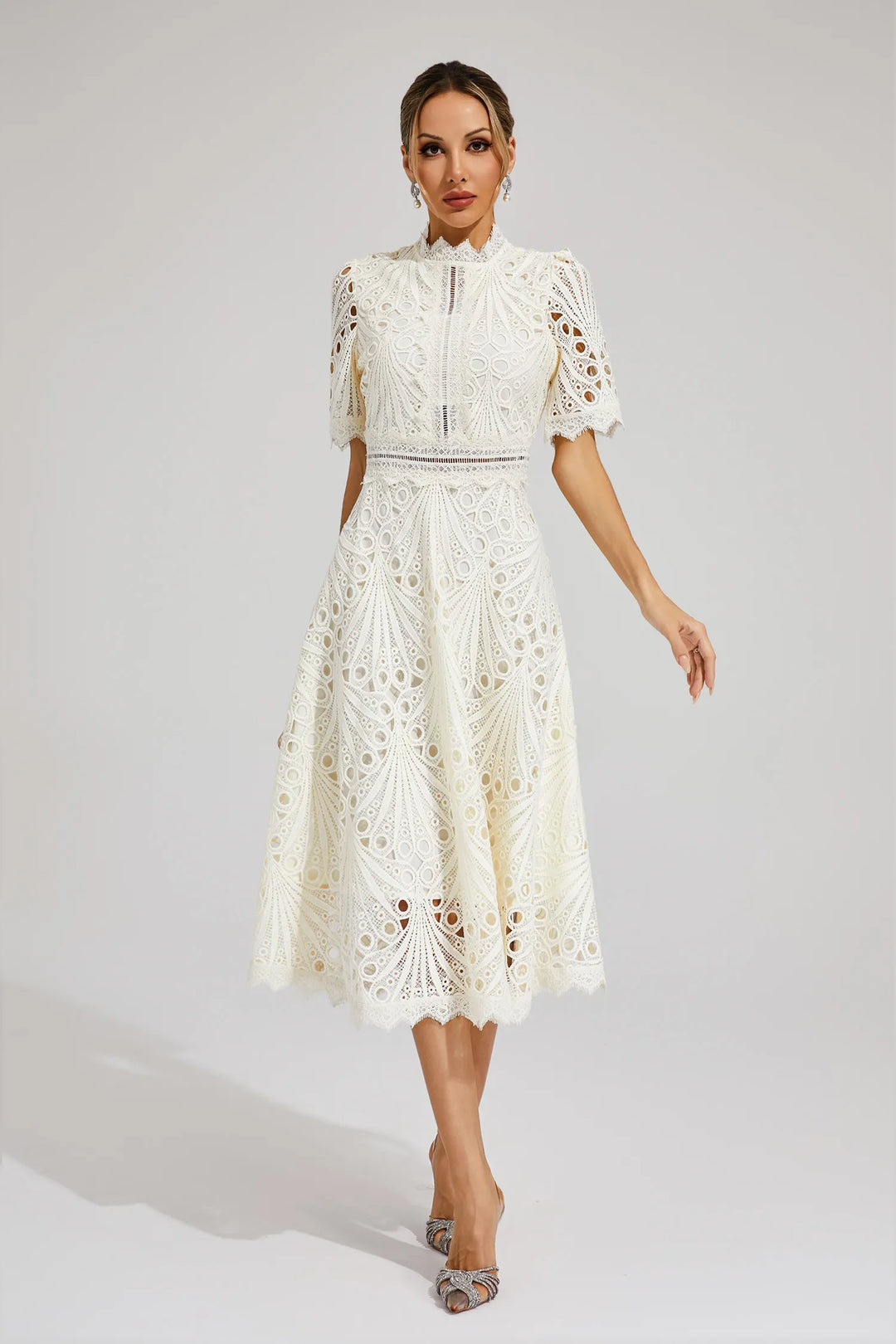 Rosalinda | Women's Mock Neck Short Sleeve Midi Dress - White - Image 10