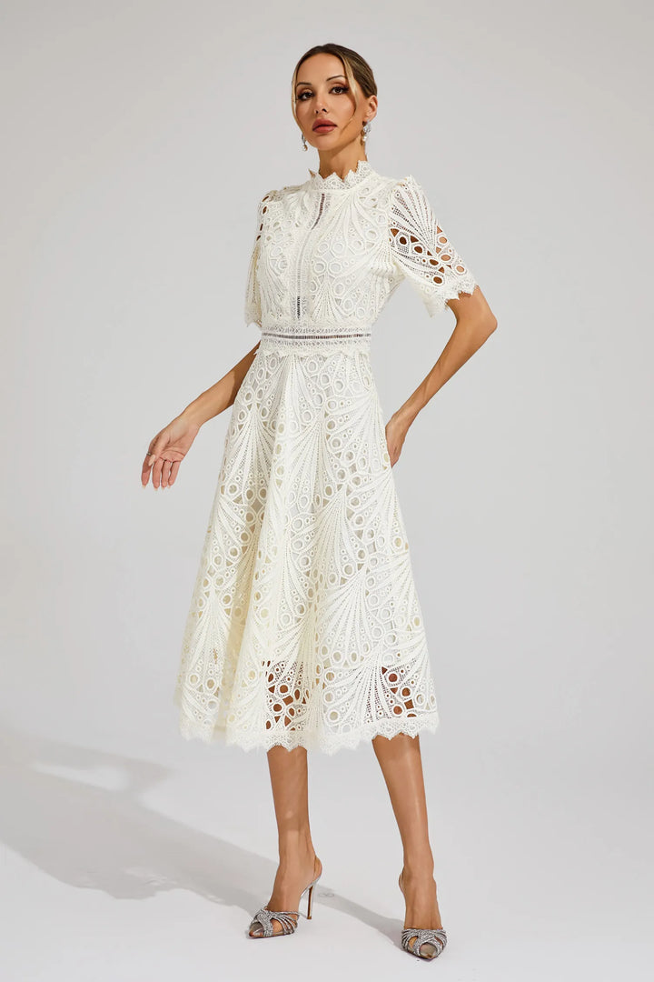 Rosalinda | Women's Mock Neck Short Sleeve Midi Dress - White - Image 11