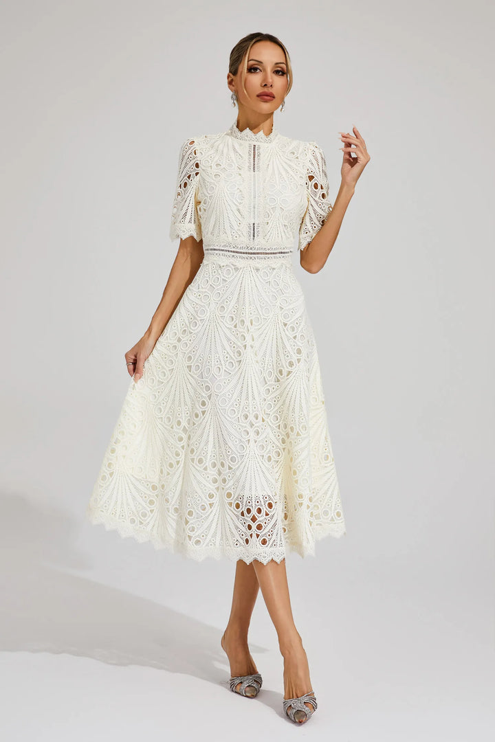 Rosalinda | Women's Mock Neck Short Sleeve Midi Dress - White - Image 12