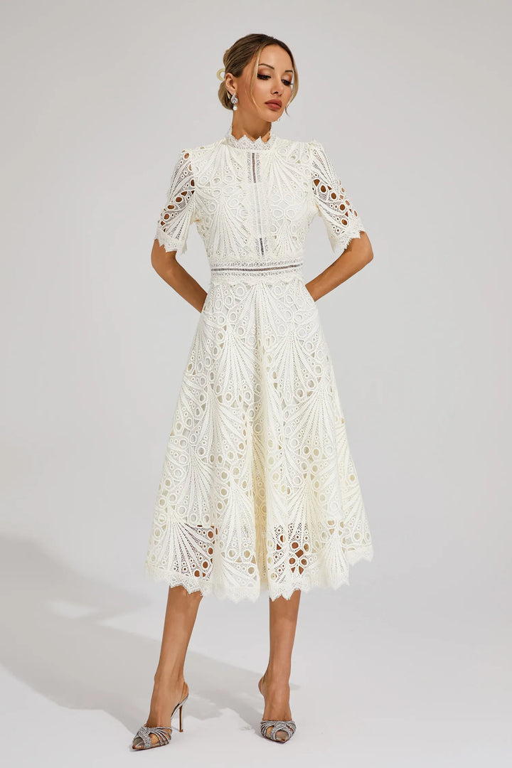 Rosalinda | Women's Mock Neck Short Sleeve Midi Dress - White - Image 13
