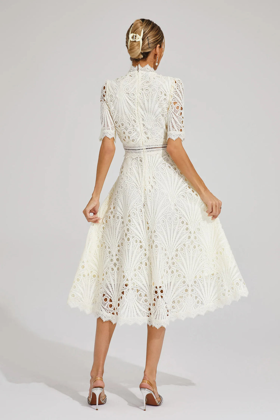 Rosalinda | Women's Mock Neck Short Sleeve Midi Dress - White - Image 14