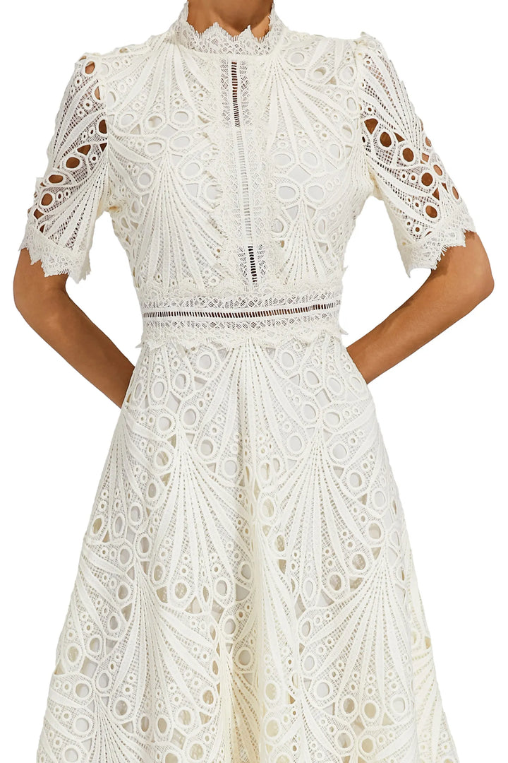 Rosalinda | Women's Mock Neck Short Sleeve Midi Dress - White - Image 15