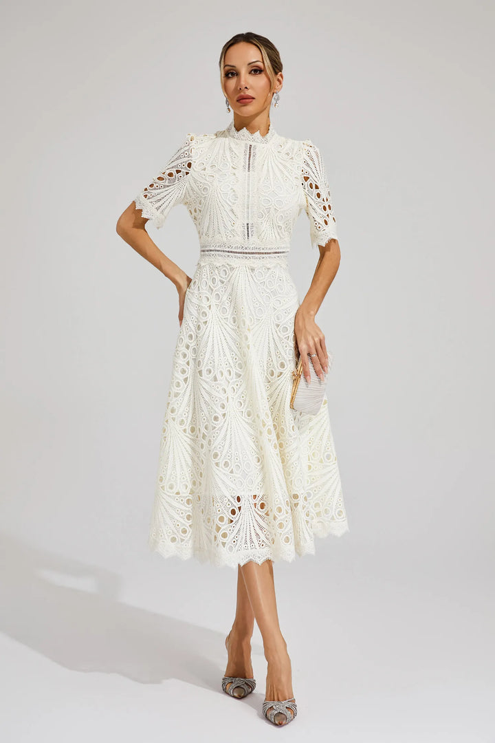 Rosalinda | Women's Mock Neck Short Sleeve Midi Dress - White - Image 16
