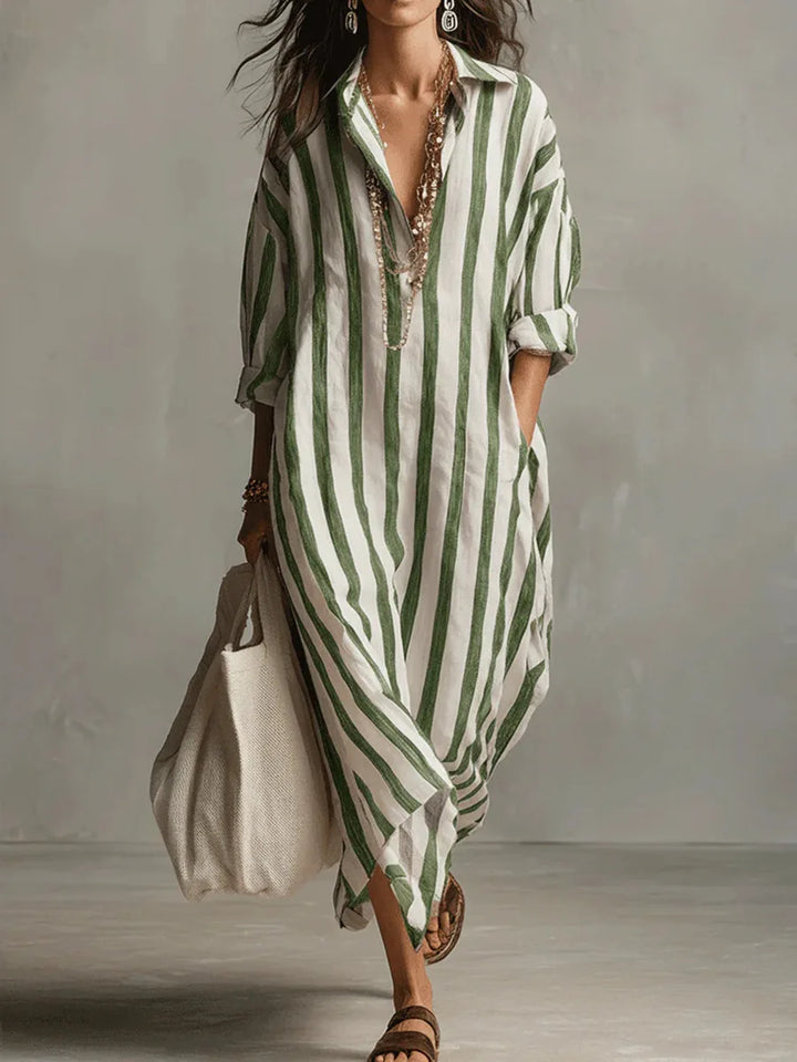 Rosalinda | Women's Striped Long Sleeve Maxi Shirt Dress - Striped - Image 5