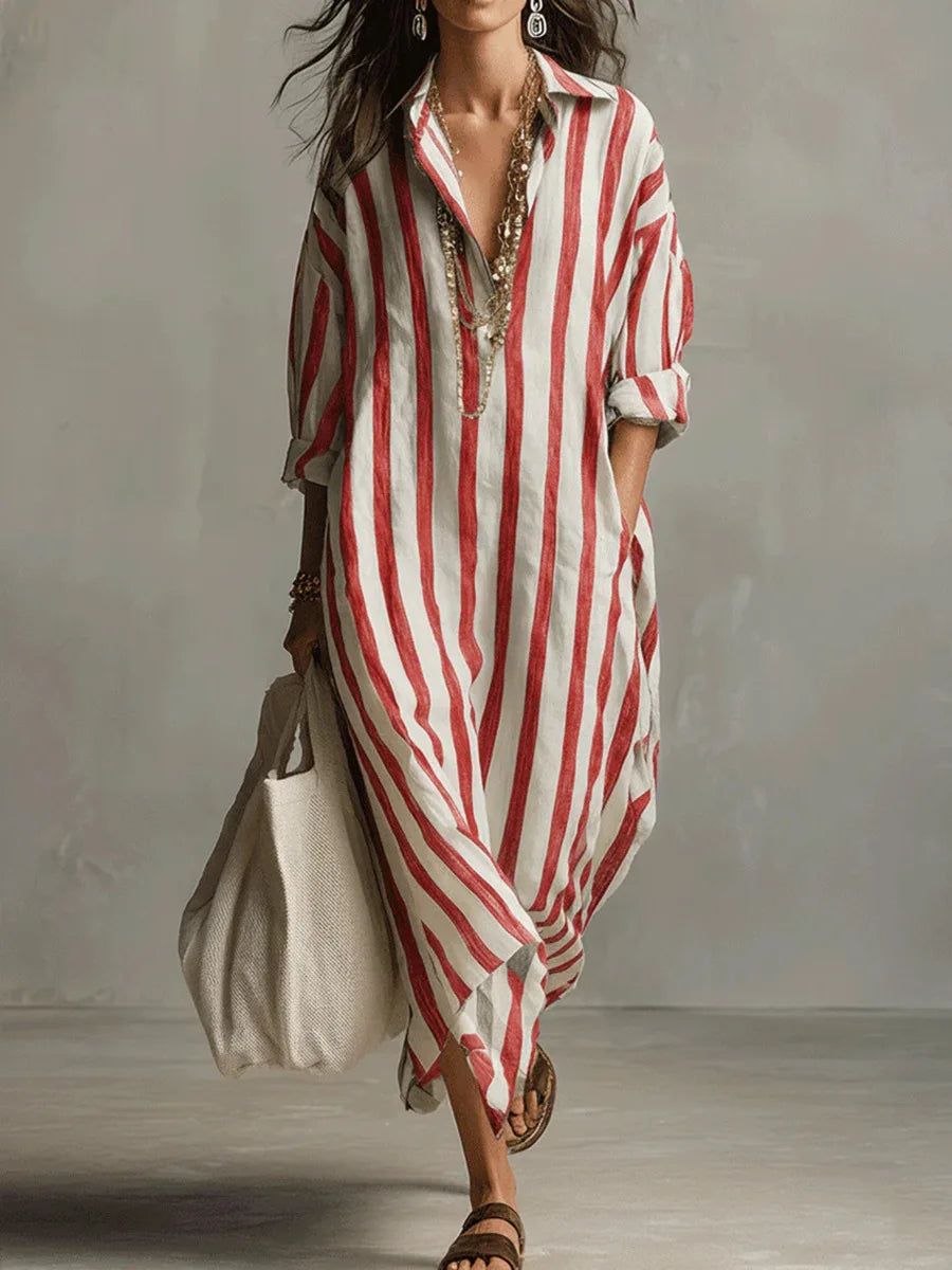 Rosalinda | Women's Striped Long Sleeve Maxi Shirt Dress - Striped - Image 6