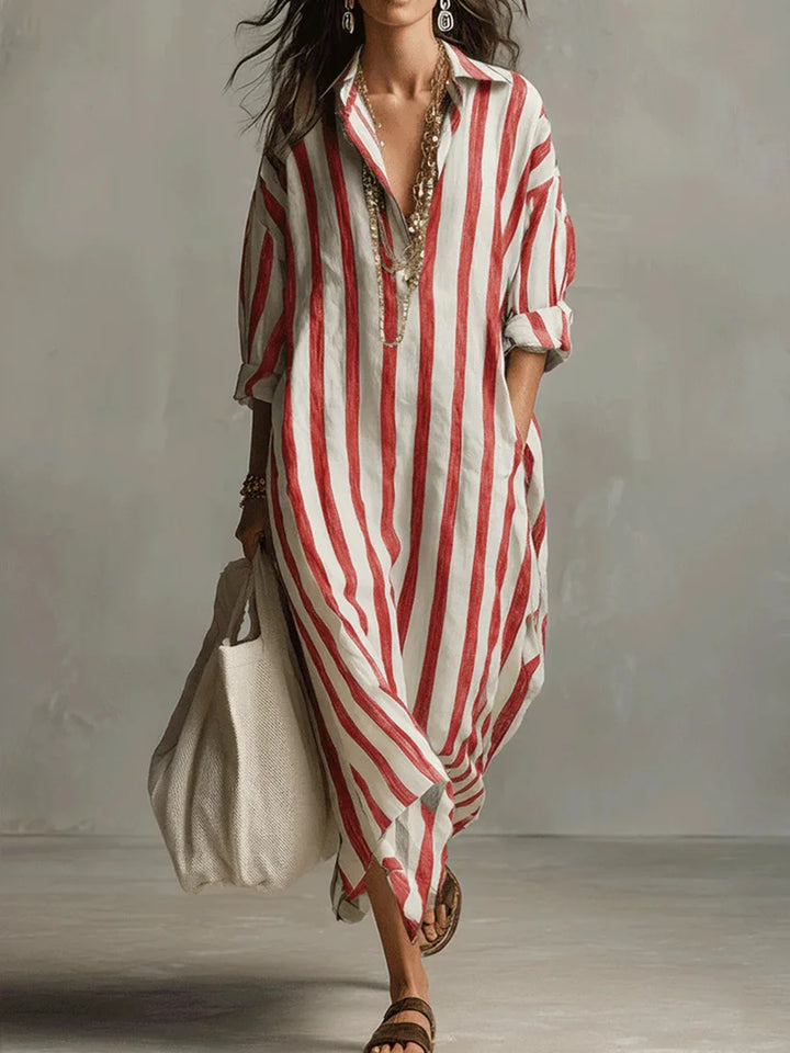 Rosalinda | Women's Striped Long Sleeve Maxi Shirt Dress - Striped - Image 6