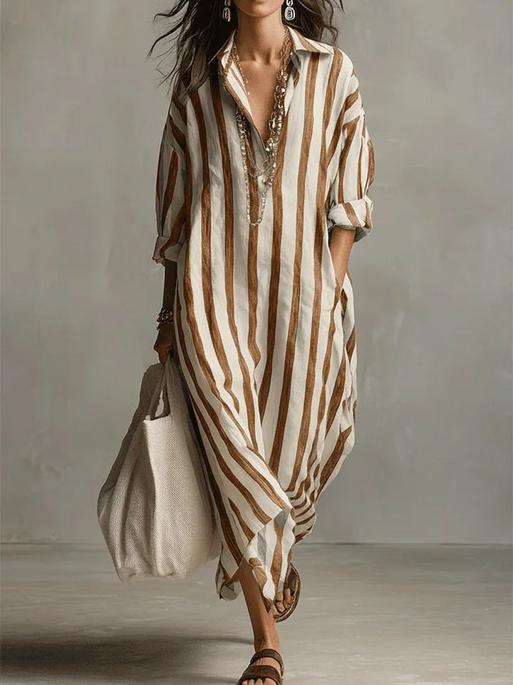 Rosalinda | Women's Striped Long Sleeve Maxi Shirt Dress - Striped - Image 7