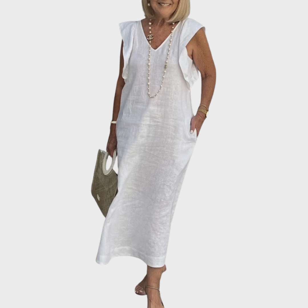 Rosalinda | Women's V-Neck Sleeveless Pocket Maxi Dress - White - Image 1