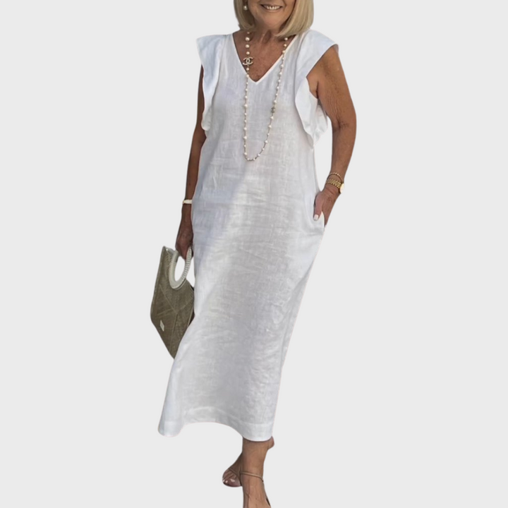 Rosalinda | Women's V-Neck Sleeveless Pocket Maxi Dress - White - Image 1