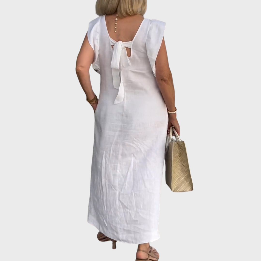 Rosalinda | Women's V-Neck Sleeveless Pocket Maxi Dress - White - Image 3