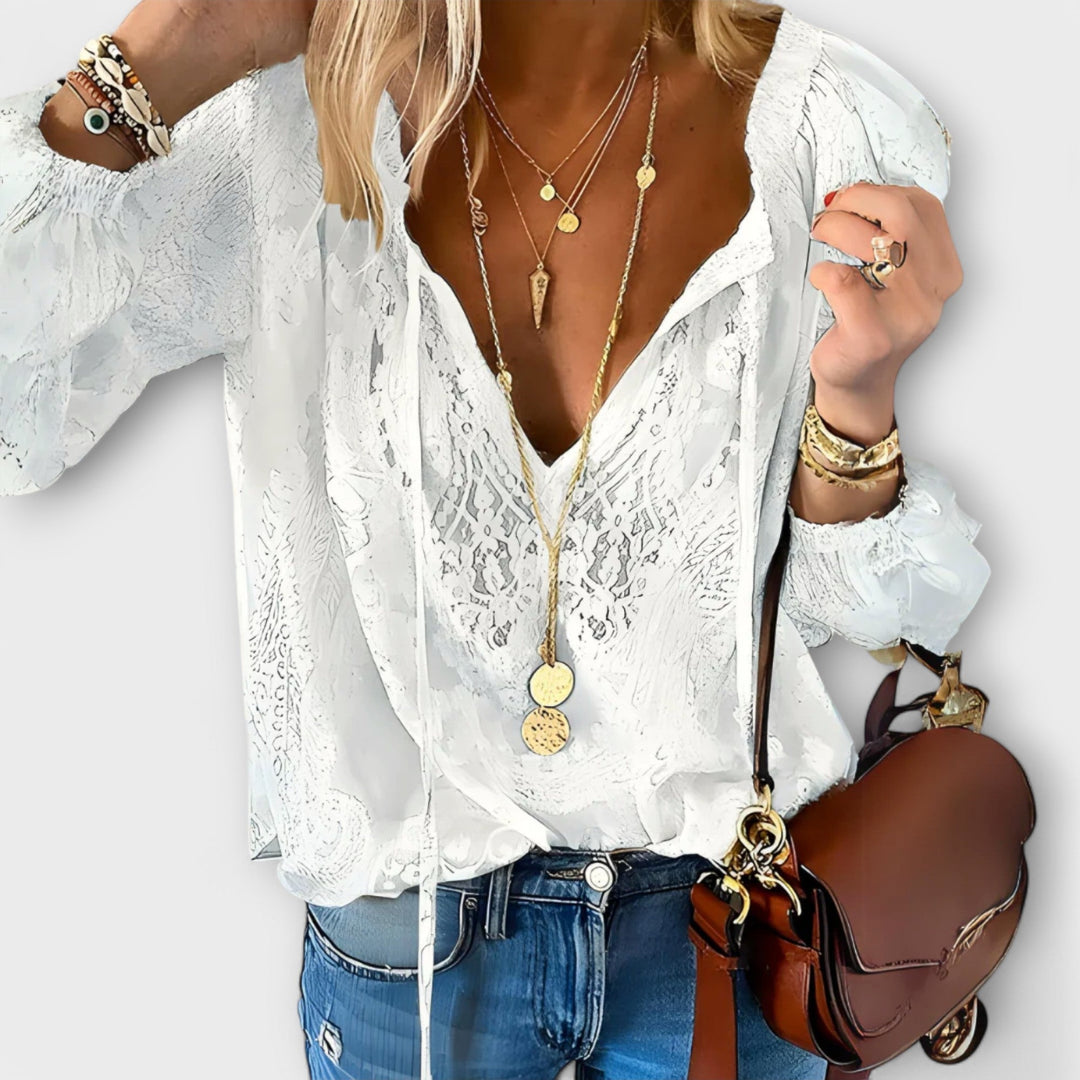 Rosalynn | Women's V-Neck Long Sleeve Lace Blouse - White - Image 1
