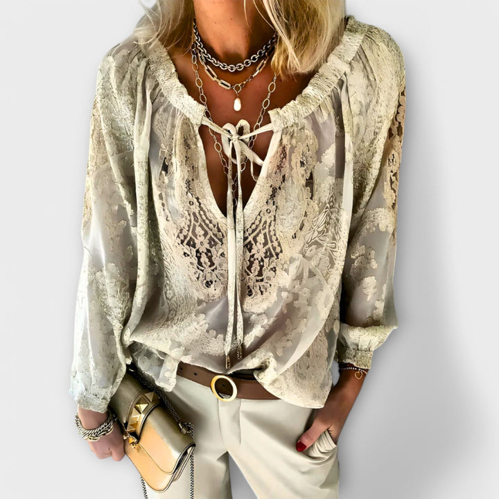 Rosalynn | Women's V-Neck Long Sleeve Lace Blouse - White - Image 3