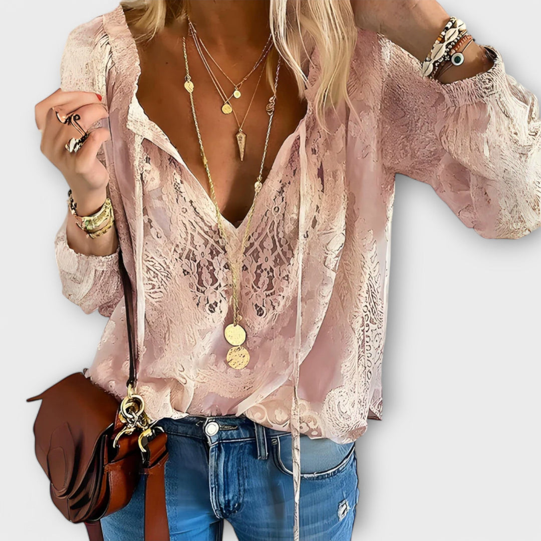 Rosalynn | Women's V-Neck Long Sleeve Lace Blouse - White - Image 4