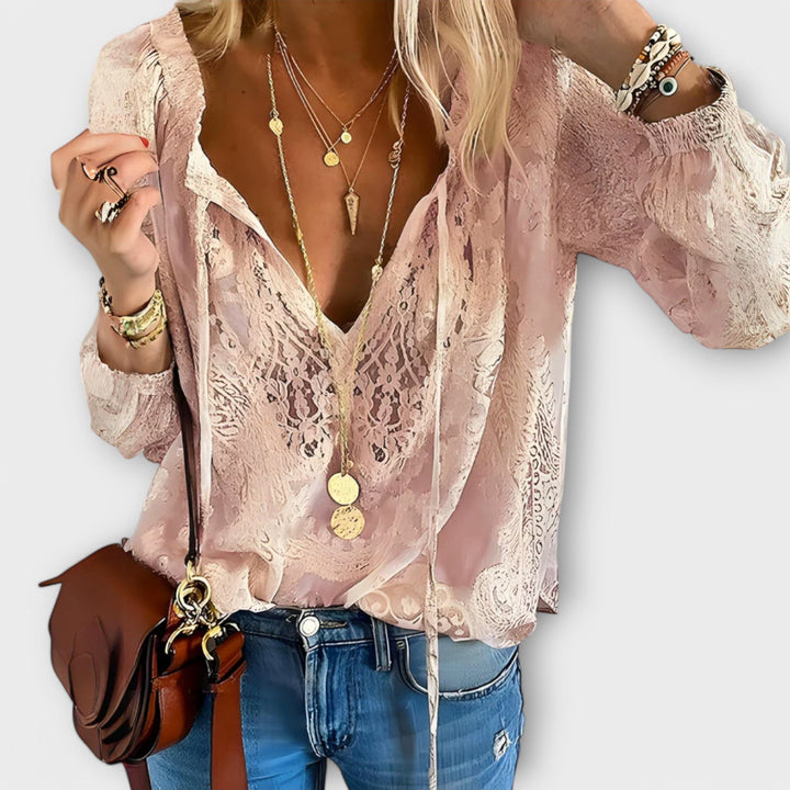 Rosalynn | Women's V-Neck Long Sleeve Lace Blouse - White - Image 4
