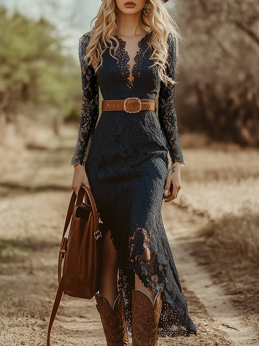 Rosemary | Women's Long Sleeve V Neck Lace Midi Dress - Navy - Image 1