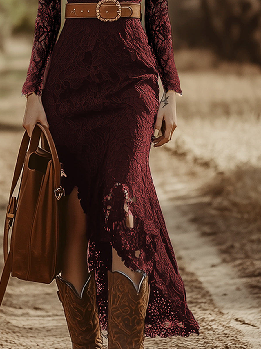 Rosemary | Women's Long Sleeve V Neck Lace Midi Dress - Navy - Image 10