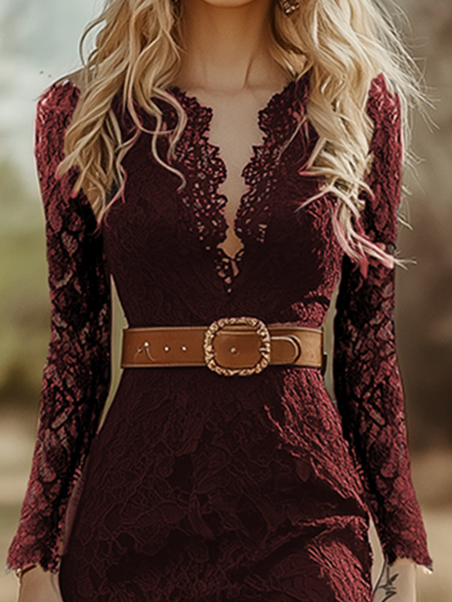 Rosemary | Women's Long Sleeve V Neck Lace Midi Dress - Navy - Image 11