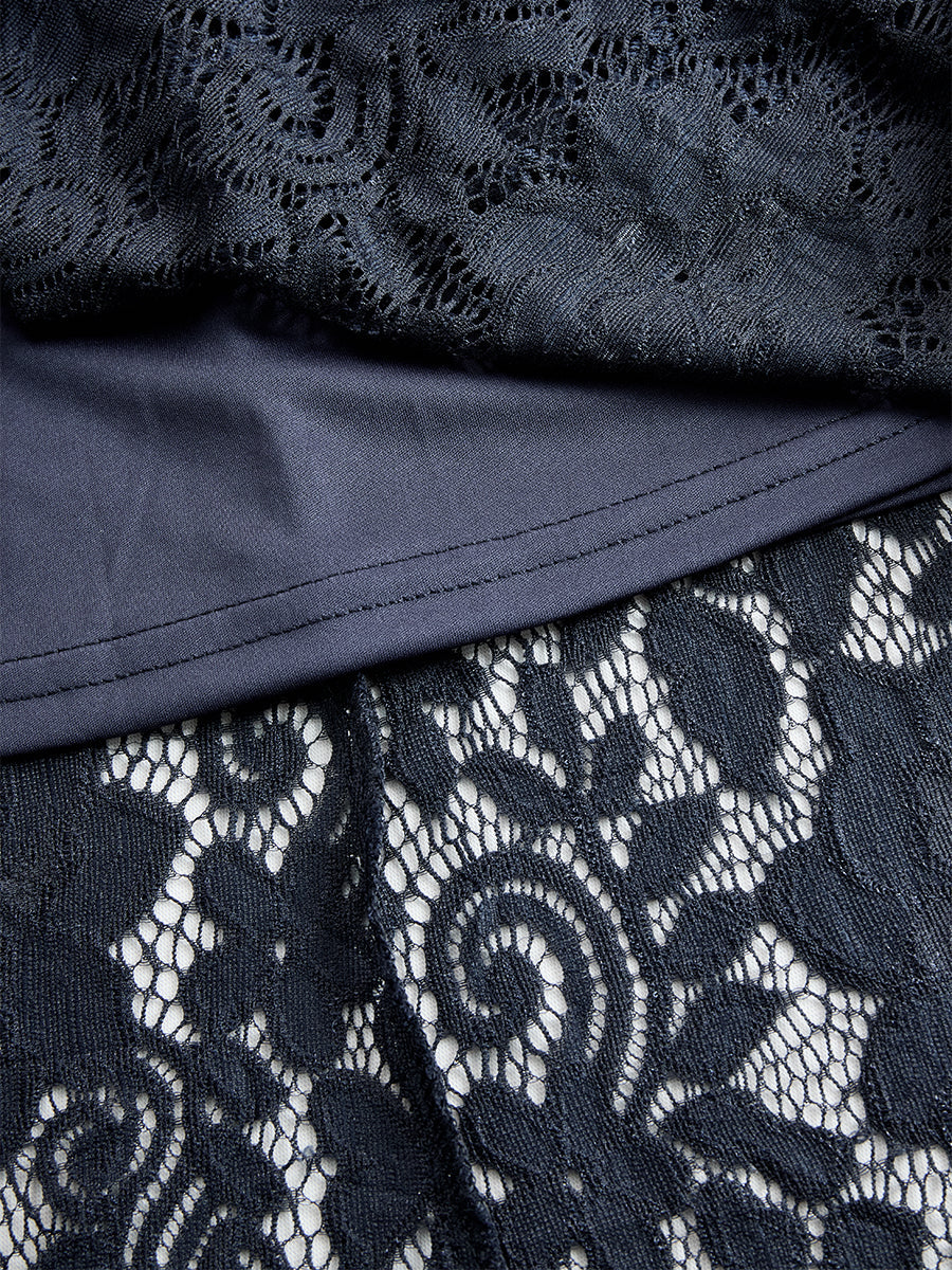 Rosemary | Women's Long Sleeve V Neck Lace Midi Dress - Navy - Image 12