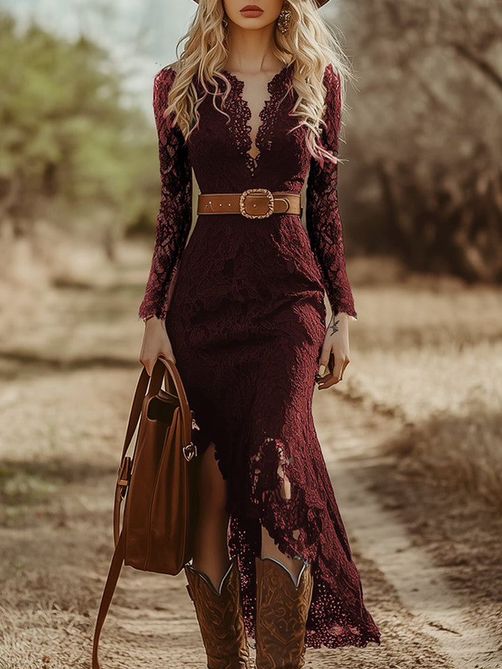 Rosemary | Women's Long Sleeve V Neck Lace Midi Dress - Navy - Image 2