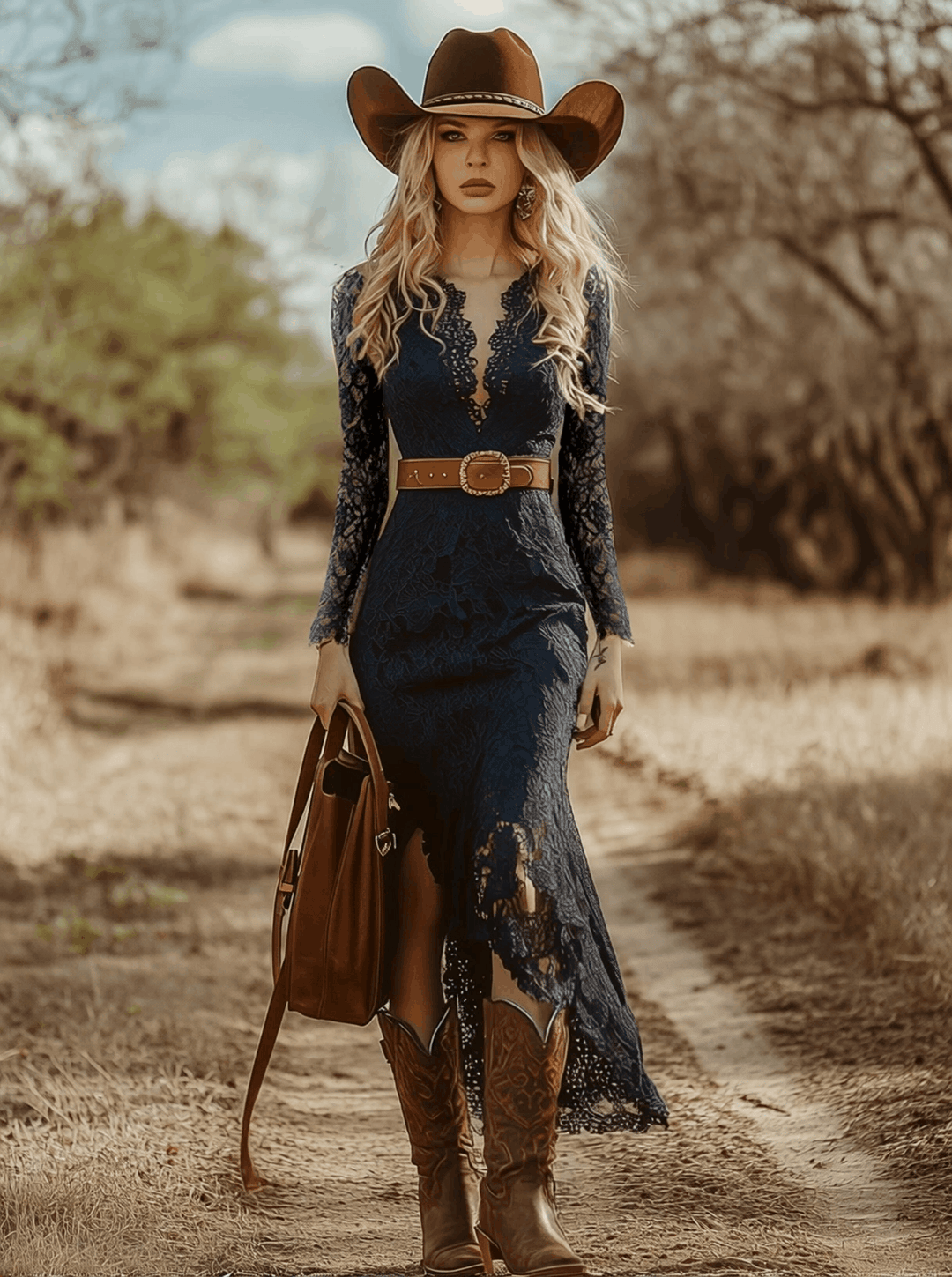 Rosemary | Women's Long Sleeve V Neck Lace Midi Dress - Navy - Image 3