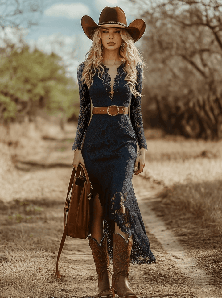Rosemary | Women's Long Sleeve V Neck Lace Midi Dress - Navy - Image 3