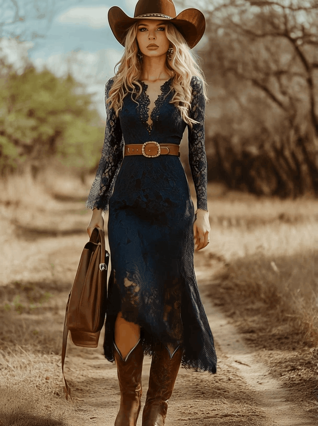 Rosemary | Women's Long Sleeve V Neck Lace Midi Dress - Navy - Image 4