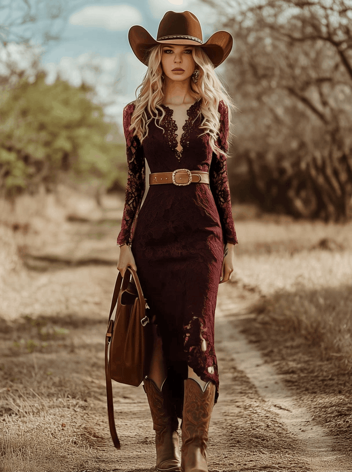 Rosemary | Women's Long Sleeve V Neck Lace Midi Dress - Navy - Image 5
