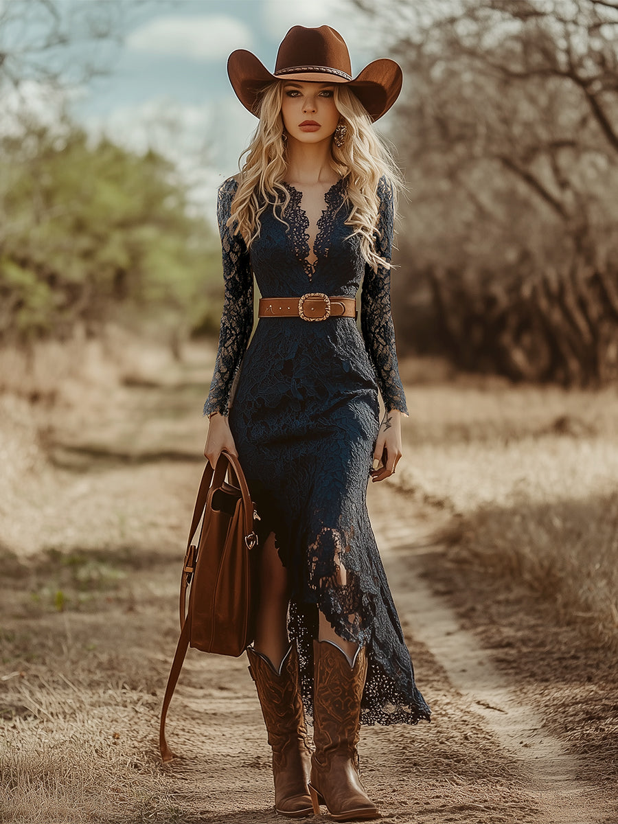 Rosemary | Women's Long Sleeve V Neck Lace Midi Dress - Navy - Image 7