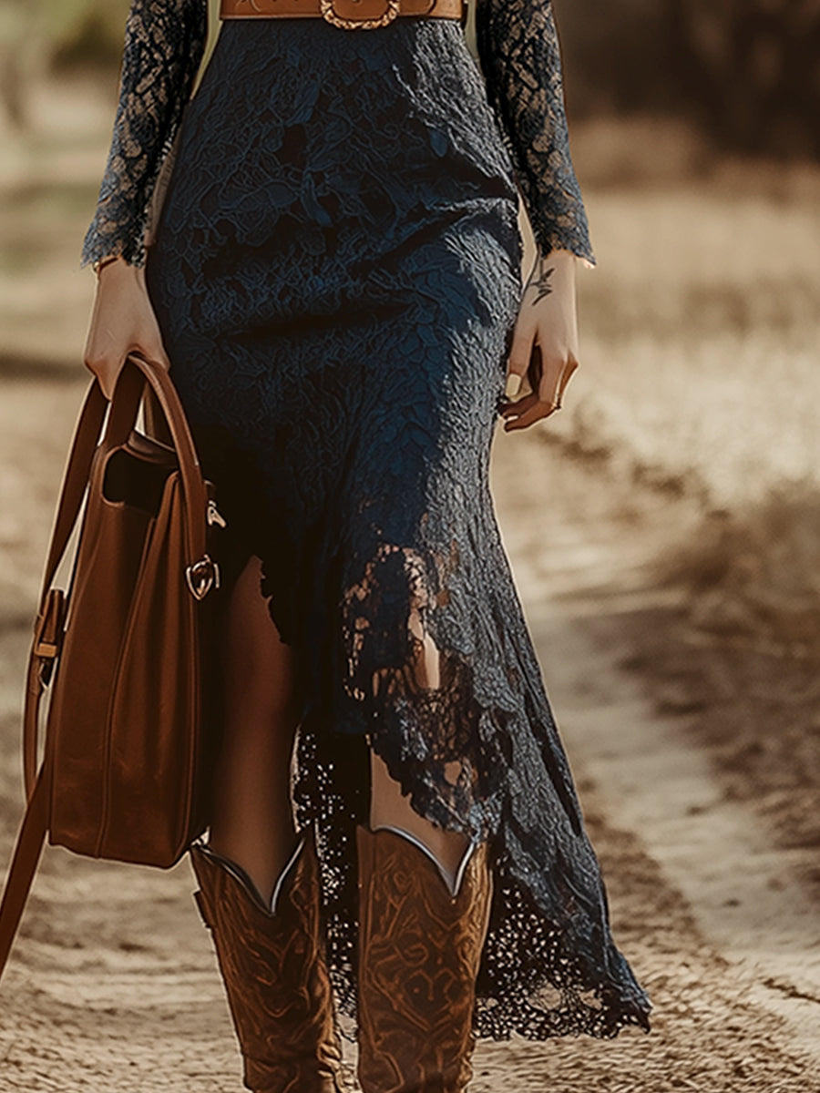 Rosemary | Women's Long Sleeve V Neck Lace Midi Dress - Navy - Image 9