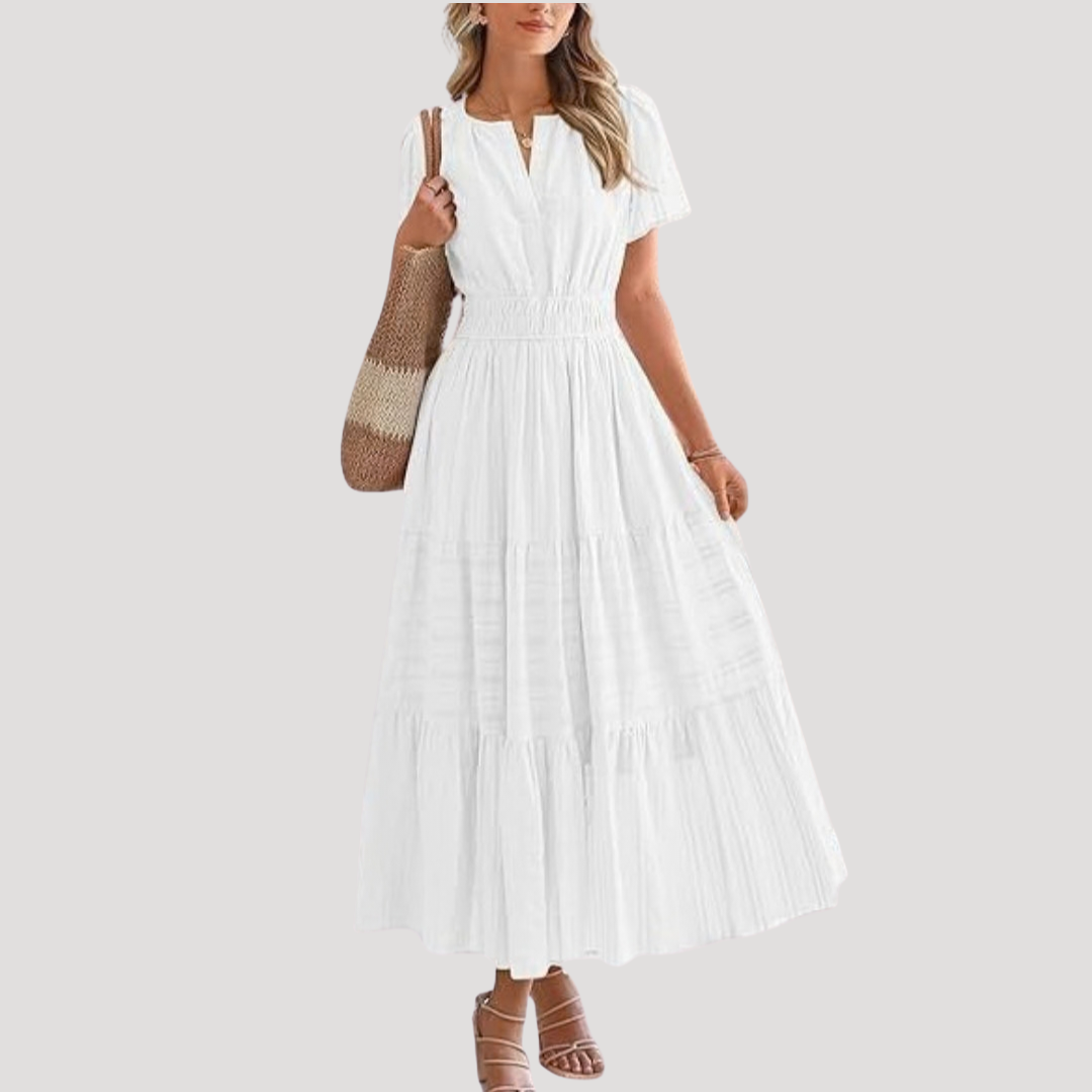 Rosemary | Women's Smocked Waist Tiered Maxi Dress - White - Image 1