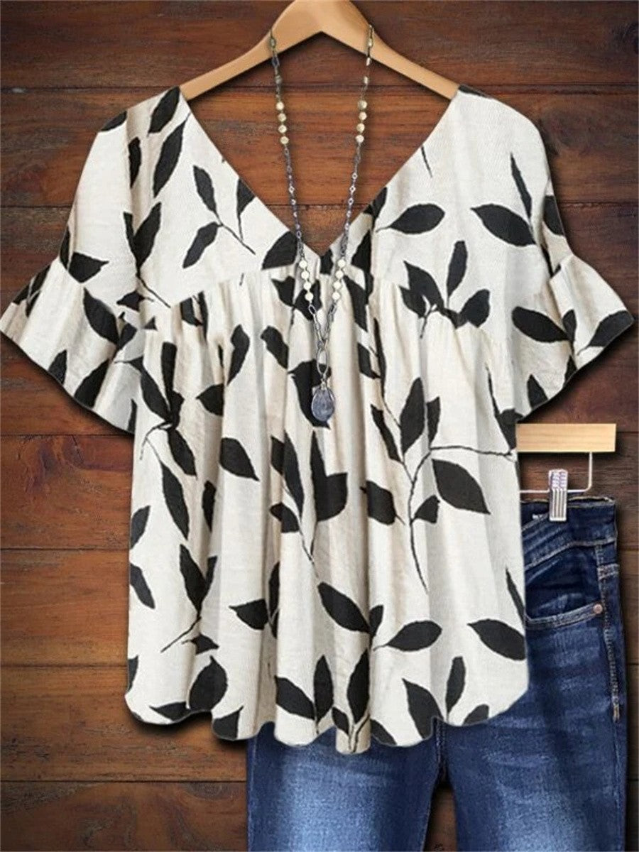 Rosetta | Women's Leaf Print Short Sleeve Blouse - White - Image 1