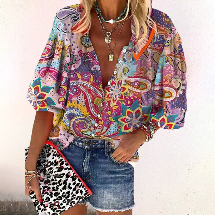 Zara | Women's Boho Print Blouse V-Neck Long Sleeve Button Down