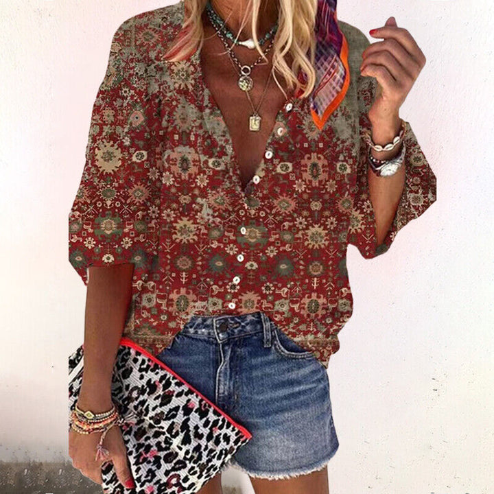 Zara | Women's Boho Print Blouse V-Neck Long Sleeve Button Down
