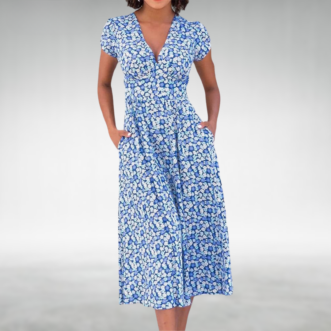 Saffron | Women's Floral V-Neck Midi Dress - Blue - Image 1