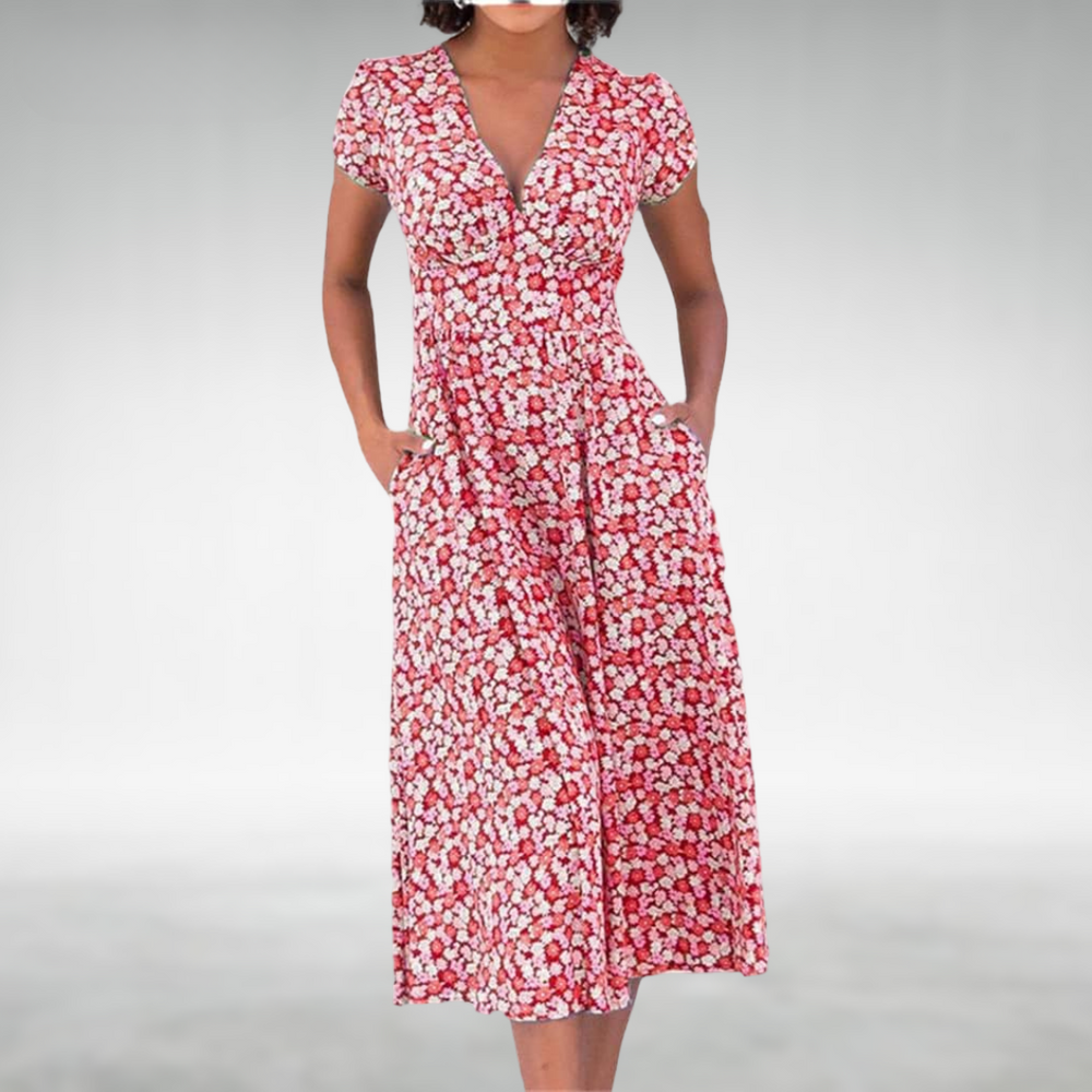 Saffron | Women's Floral V-Neck Midi Dress - Blue - Image 2