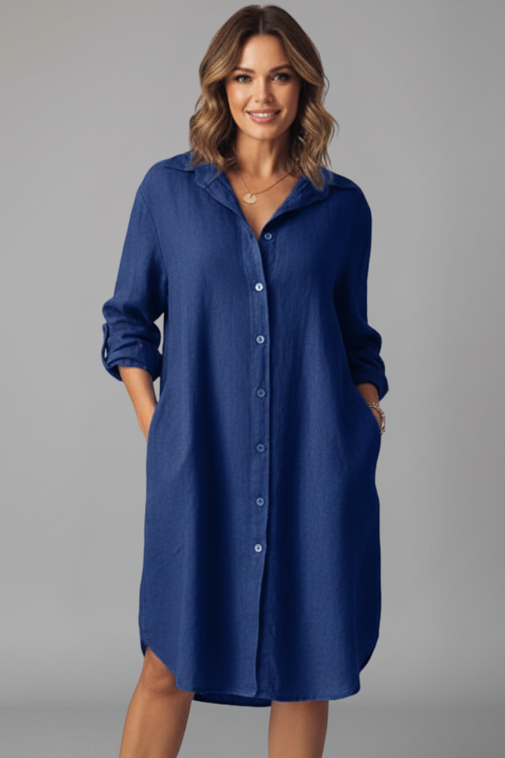 Saskia | Women's Long Sleeve Button Front Shirt Dress - Light Blue - Image 10