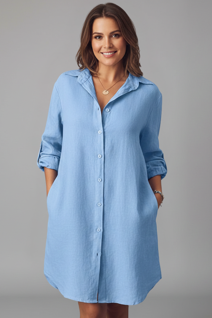 Saskia | Women's Long Sleeve Button Front Shirt Dress - Light Blue - Image 2