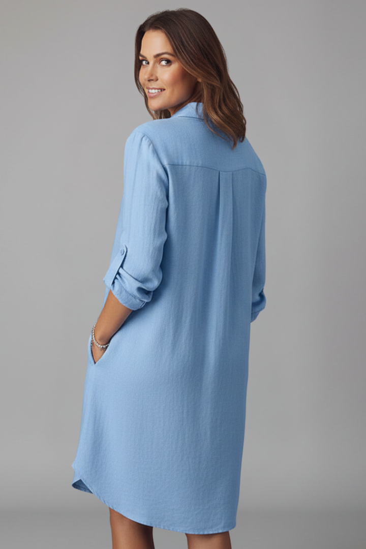 Saskia | Women's Long Sleeve Button Front Shirt Dress - Light Blue - Image 5